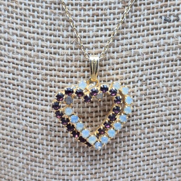 Gold Tone Double Heart Crystal Pendant Dainty Chain Necklace 18" - Picture 4 of 8